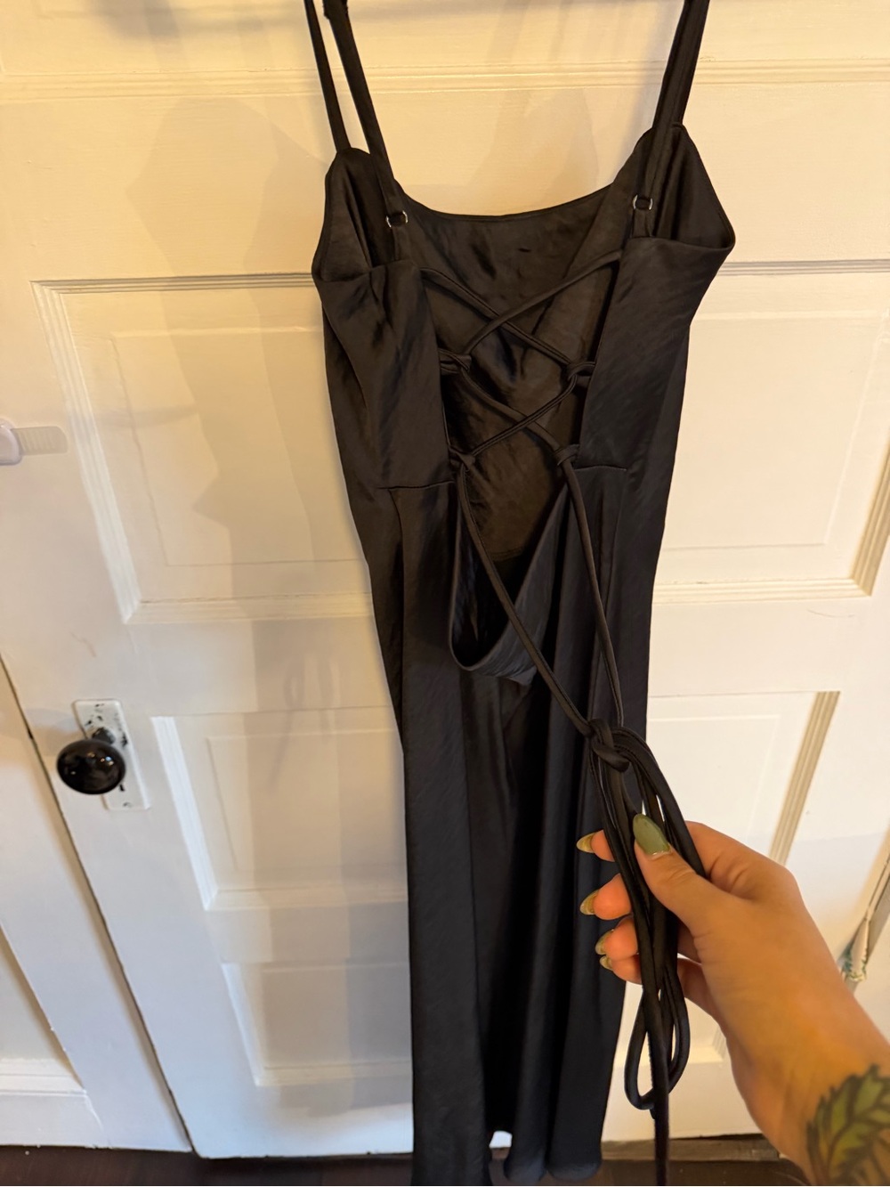 Beginning Boutique Black Satin Lace-Up Back Slip Dress Size 6 AU
